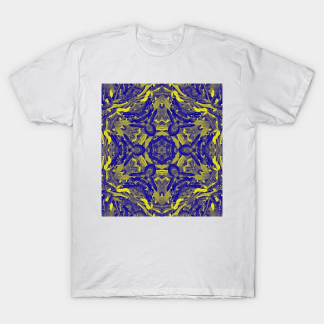 Abstract kaleidoscope of wattle blooms on textured background T-Shirt by hereswendy